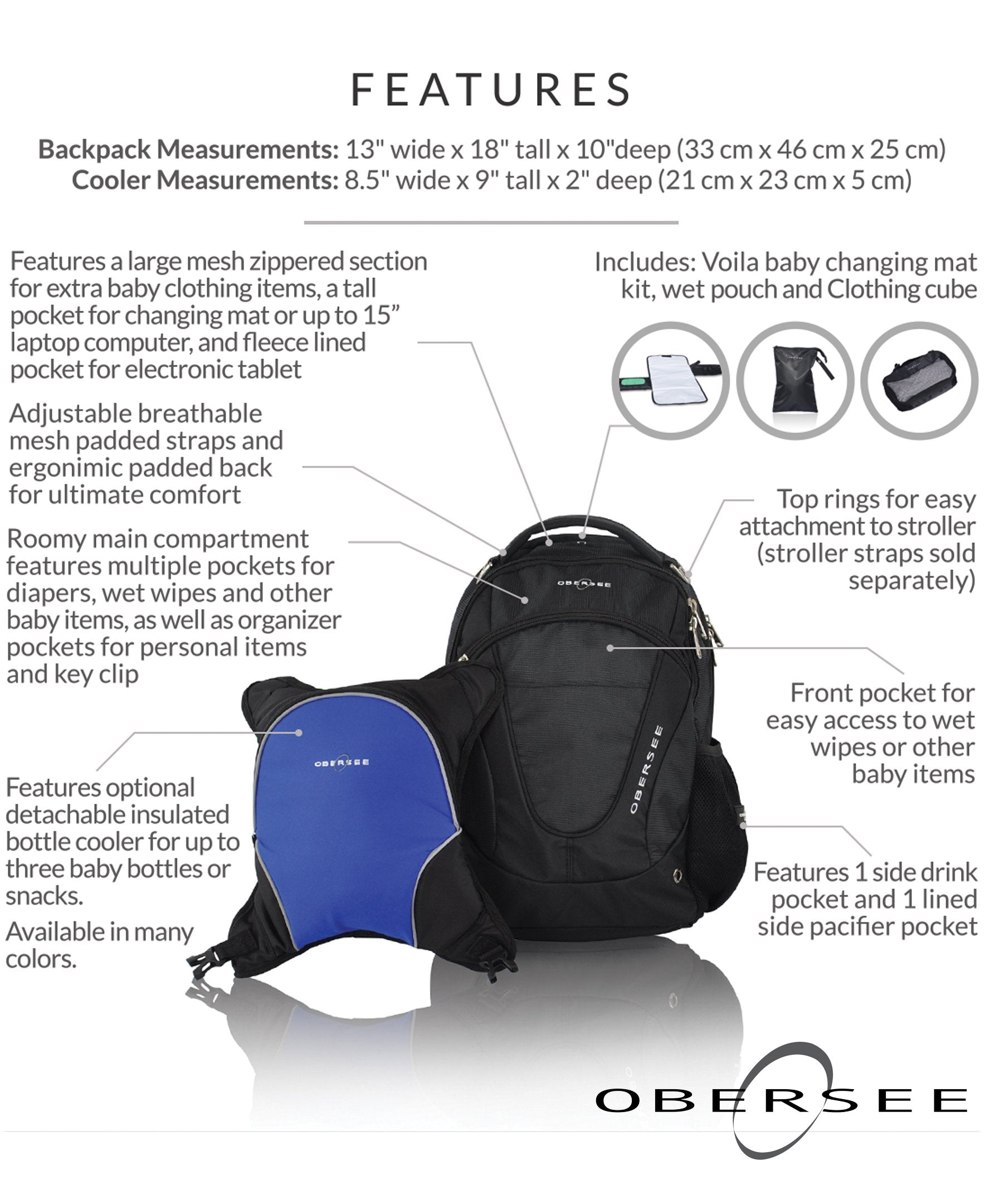 Obersee Oslo Diaper Bag Backpack | Detachable Baby Bottle Snack Cooler
