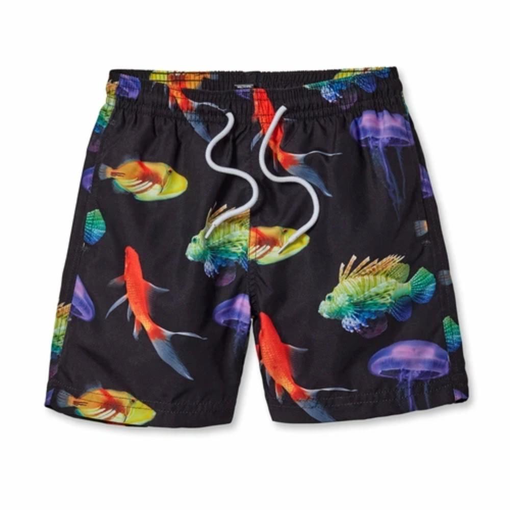 Board Shorts with Neon Fish on Black