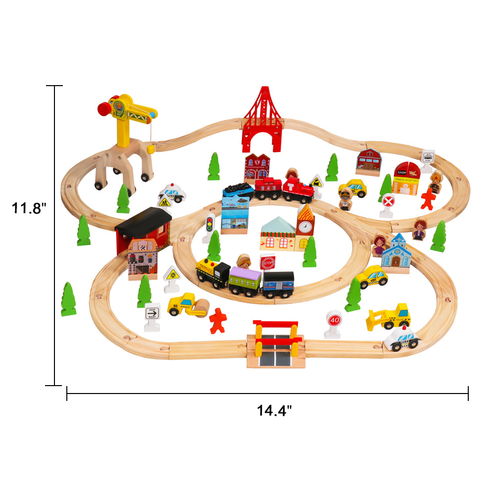 Kids Toy Car 100pcs Wooden Track Train Set with Rail Road