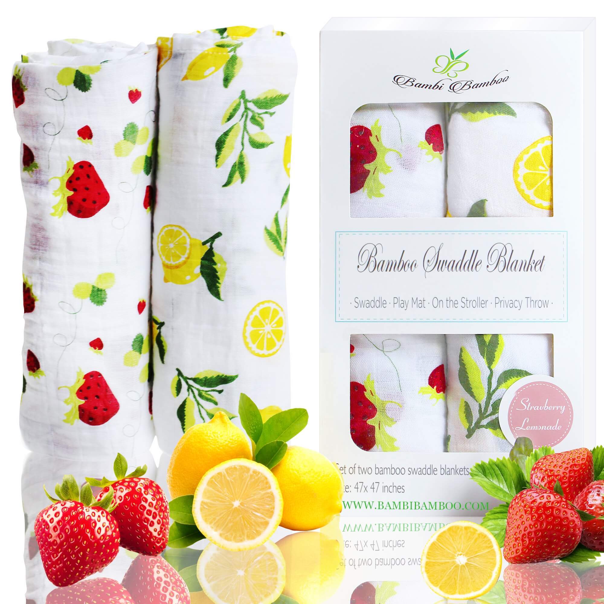 Bambo Muslin Swaddle Blanket Set of 2, Lemon and Strawberry Prints