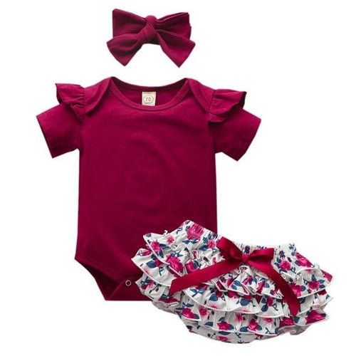 High Quality Baby Girls Clothes Short Sleeve Set Red wine