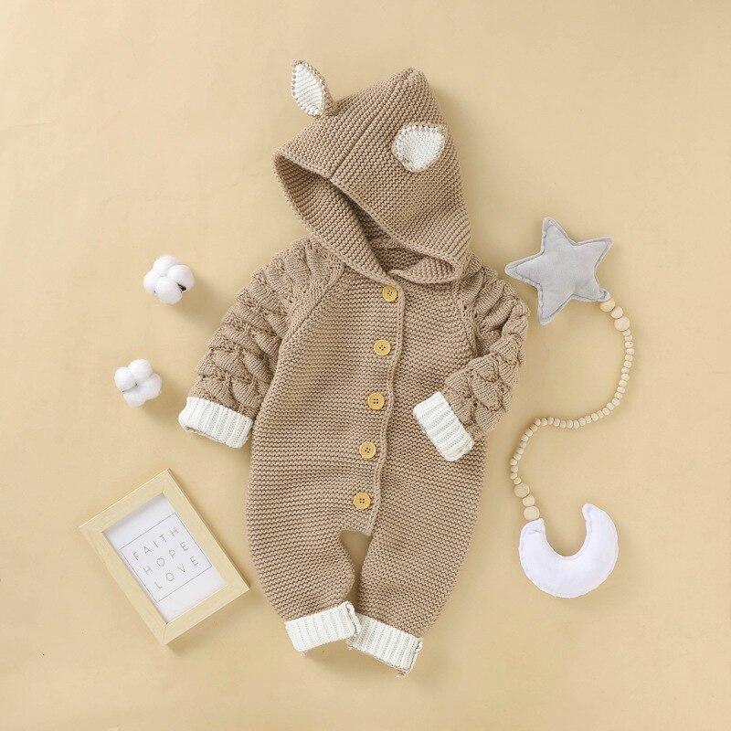 Baby Boys Girls Knitted Hoodie Rompers Autumn Infant Long Sleeve Solid