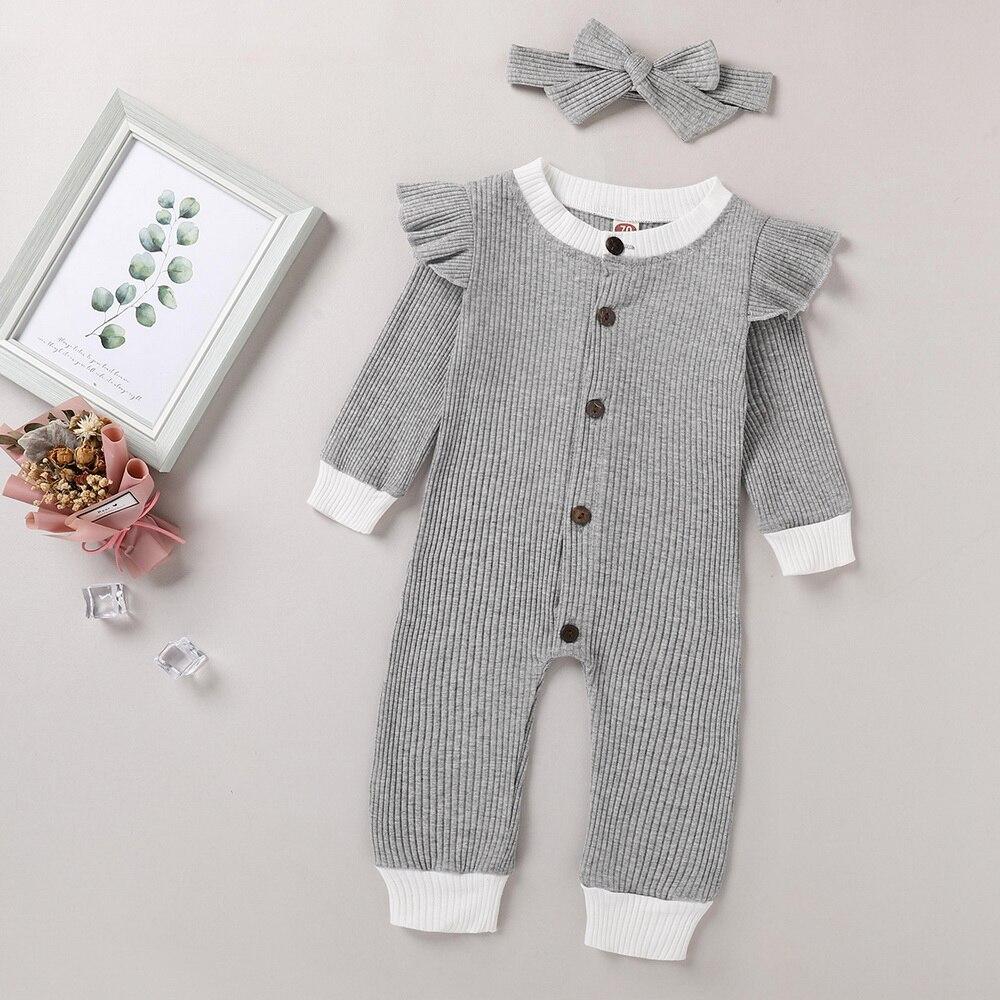 Baby Girls Outfits Rompers With Headband Long Sleeve Button Autumn