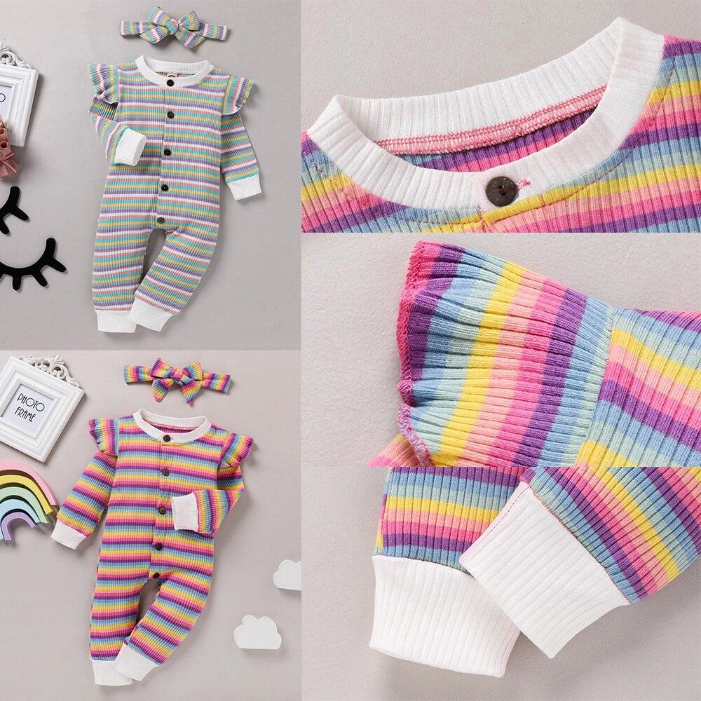 Rainbow Stripes Printed Rompers For Baby Girls Clothes Winter Long
