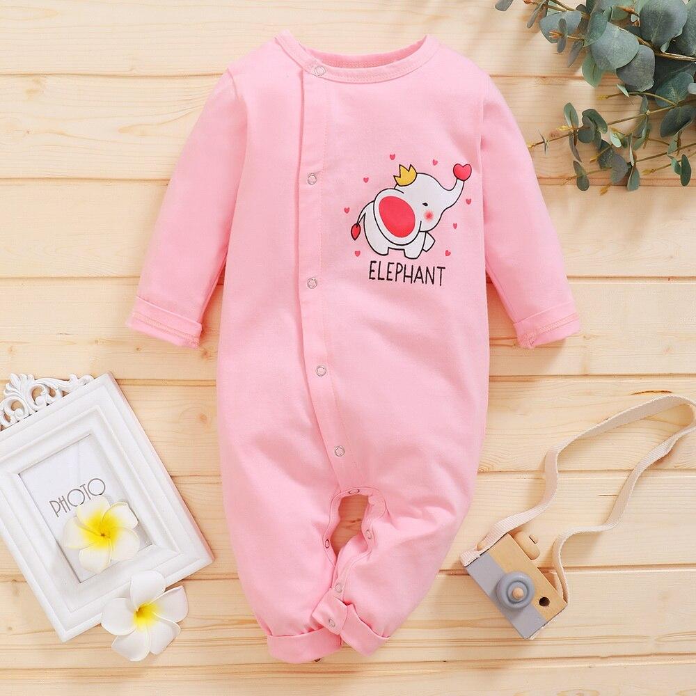 Pink Elephant Romper Baby Long Sleeve Buttons Cotton Kids Jumpsuit
